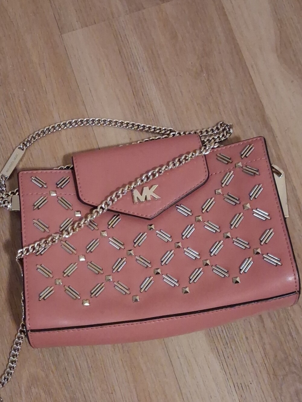 Michael Kors Coral-Pink Leather Crossbody with Gold Stud Detailing